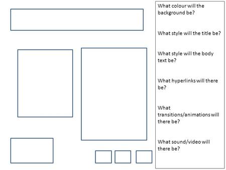 What colour will the background be? What style will the title be? What style will the body text be? What hyperlinks will there be? What transitions/animations.