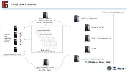 Privacy on FHIR Overview What we are working on…. 42CFRPart2 Organization MyHealtheVet (VA) Military Health Systems (MHS) Tricare Health Information Exchange.