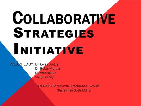 C OLLABORATIVE S TRATEGIES I NITIATIVE PRESENTED BY: Dr. Leisa Justus Dr. Robin Morthel Dawn Bradley Vicky Hulsey CREATED BY: Melinda Hirschmann, WWMS.