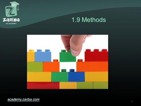 1.9 Methods academy.zariba.com 1. Lecture Content 1.What is a method? Why use methods? 2.Void Methods and methods with parameters 3.Methods which return.