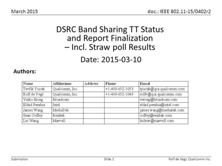 March 2015 doc.: IEEE 802.11-15/0402r2 Rolf de Vegt, Qualcomm Inc.Slide 1Submission Authors: Date: 2015-03-10 DSRC Band Sharing TT Status and Report Finalization.