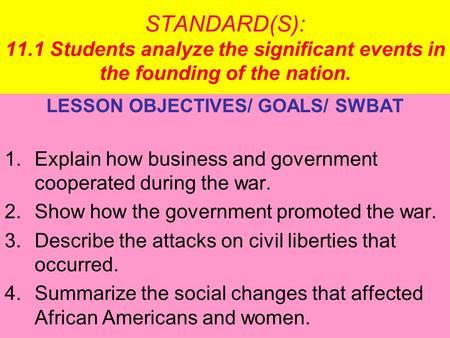 LESSON OBJECTIVES/ GOALS/ SWBAT