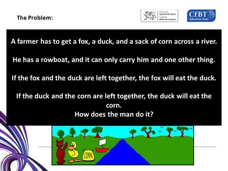 A farmer has to get a fox, a duck, and a sack of corn across a river. He has a rowboat, and it can only carry him and one other thing. If the fox and the.