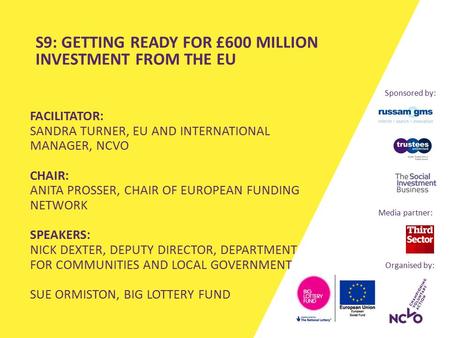 FACILITATOR: SANDRA TURNER, EU AND INTERNATIONAL MANAGER, NCVO CHAIR: ANITA PROSSER, CHAIR OF EUROPEAN FUNDING NETWORK SPEAKERS: NICK DEXTER, DEPUTY DIRECTOR,