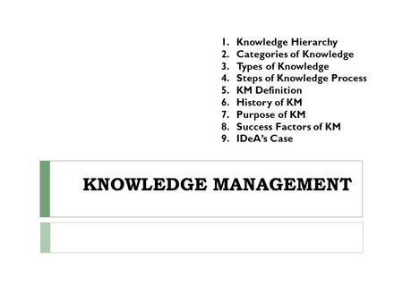 KNOWLEDGE MANAGEMENT Knowledge Hierarchy Categories of Knowledge