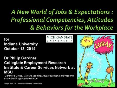 For Indiana University October 13, 2014 Dr Philip Gardner Collegiate Employment Research Institute & Career Services Network at MSU Gardner & Gross. May.