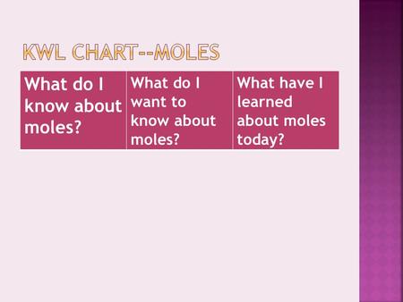 What do I know about moles? What do I want to know about moles? What have I learned about moles today?