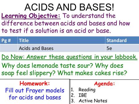 ACIDS AND BASES! Learning Objective: To understand the difference between acids and bases and how to test if a solution is an acid or base. Do Now: Answer.