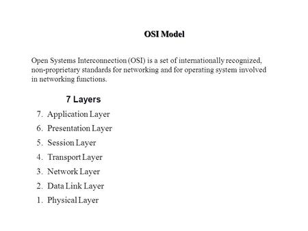 OSI Model 7 Layers 7. Application Layer 6. Presentation Layer