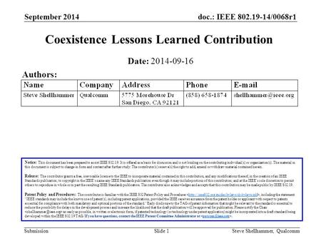 Doc.: IEEE 802.19-14/0068r1 Submission September 2014 Steve Shellhammer, QualcommSlide 1 Coexistence Lessons Learned Contribution Notice: This document.