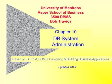 Chapter 10 DB System Administration Based on G. Post, DBMS: Designing & Building Business Applications University of Manitoba Asper School of Business.