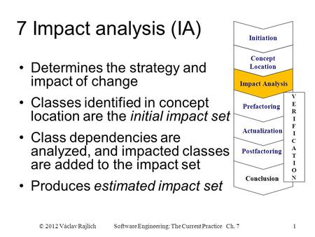 7 Impact analysis (IA) Determines the strategy and impact of change Classes identified in concept location are the initial impact set Class dependencies.