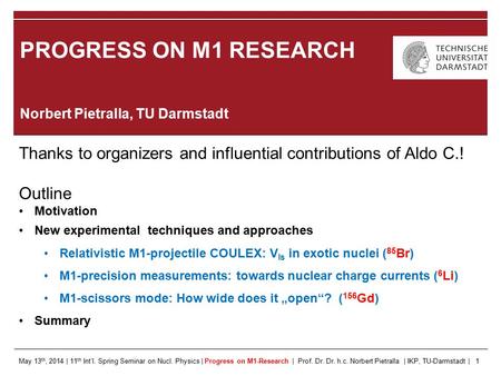 May 13 th, 2014 | 11 th Int’l. Spring Seminar on Nucl. Physics | Progress on M1-Research | Prof. Dr. Dr. h.c. Norbert Pietralla | IKP, TU-Darmstadt | 1.