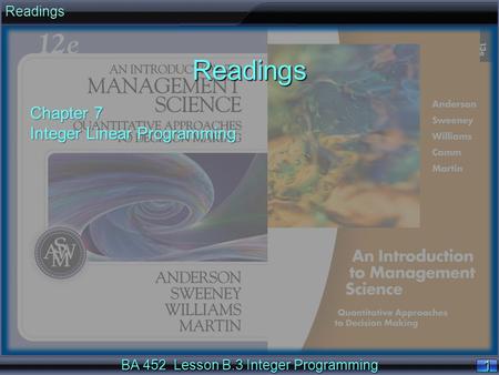 BA 452 Lesson B.3 Integer Programming 11ReadingsReadings Chapter 7 Integer Linear Programming.