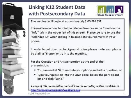 SLDS Webinar 5/21/141 The webinar will begin at approximately 2:00 PM EST. Information on how to join the teleconference can be found on the “Info” tab.