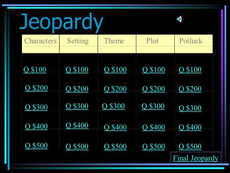 Jeopardy CharactersSettingThemePlotPotluck Q $100 Q $200 Q $300 Q $400 Q $500 Q $100 Q $200 Q $300 Q $400 Q $500 Final Jeopardy.