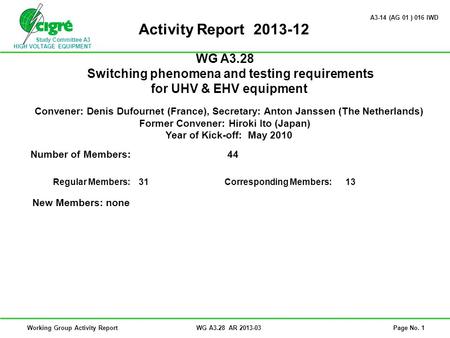 Study Committee A3 HIGH VOLTAGE EQUIPMENT Working Group Activity ReportWG A3.28 AR 2013-03Page No. 1 Activity Report 2013-12 WG A3.28 Switching phenomena.