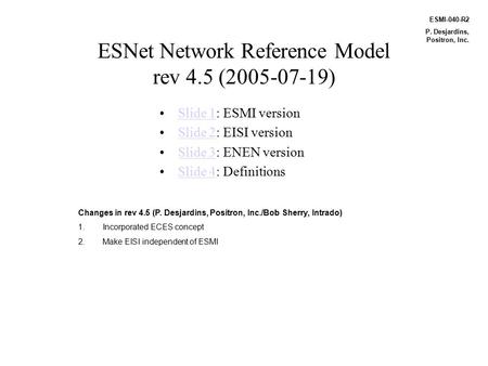 ESNet Network Reference Model rev 4.5 (2005-07-19) Slide 1: ESMI versionSlide 1 Slide 2: EISI versionSlide 2 Slide 3: ENEN versionSlide 3 Slide 4: DefinitionsSlide.