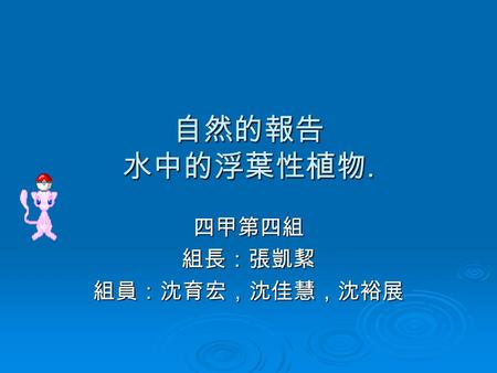 自然的報告 水中的浮葉性植物. 四甲第四組組長：張凱絜組員：沈育宏，沈佳慧，沈裕展. 這是浮葉性的蓮花 網路來源網址  h/images;_ylt=A8tUwJgepupQ1noAgK9t 1gt.?p=%E6%B5%AE%E8%91%89%E.