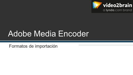 Adobe Media Encoder Formatos de importación. Vídeo y animación 3GP Animated GIF (GIF) (Windows) DV (en contenedor MOV o AVI, o como flujo DV sin contenedor)