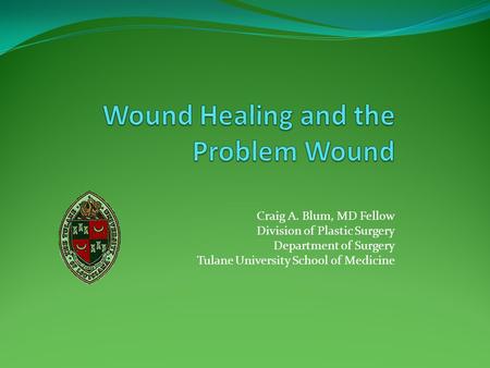 Craig A. Blum, MD Fellow Division of Plastic Surgery Department of Surgery Tulane University School of Medicine.