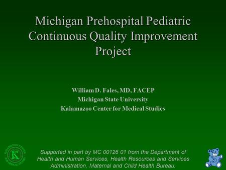 Michigan Prehospital Pediatric Continuous Quality Improvement Project William D. Fales, MD, FACEP Michigan State University Kalamazoo Center for Medical.