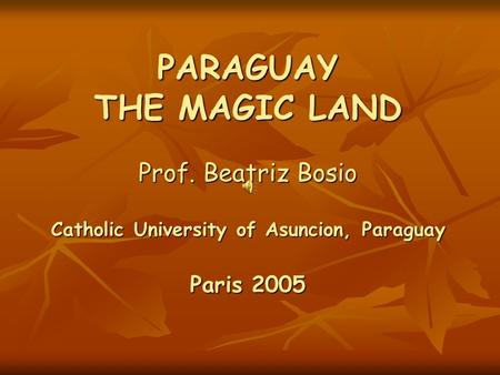 PARAGUAY THE MAGIC LAND Prof. Beatriz Bosio Catholic University of Asuncion, Paraguay Paris 2005.