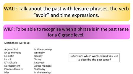 WALT: Talk about the past with leisure phrases, the verb “avoir” and time expressions. WILF: To be able to recognise when a phrase is in the past tense.