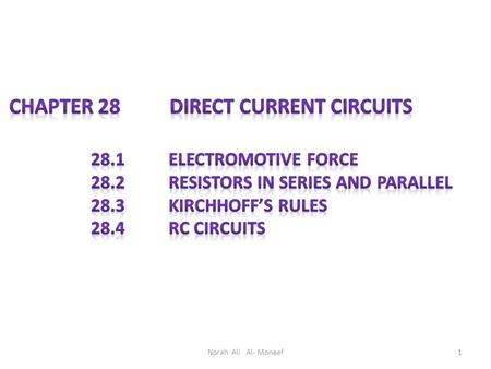 Norah Ali Al- Moneef1  Sources of emf The source that maintains the current in a closed circuit is called a source of emf – Any devices that increase.