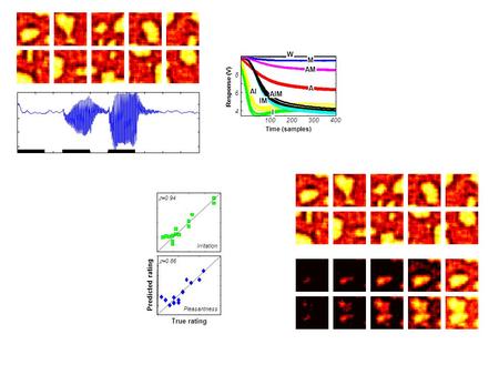 4 6 8 100200300400 W M AM A I AI IM AIM Time (samples) Response (V) True rating Predicted rating  =0.94  =0.86 Irritation Pleasantness.