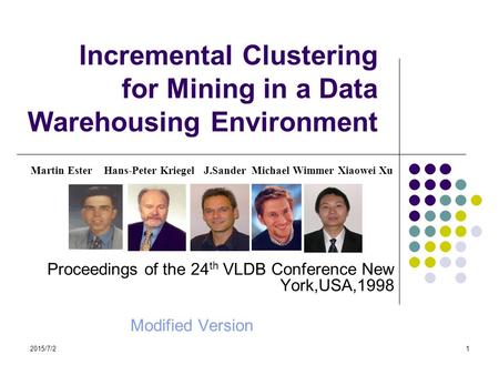 2015/7/21 Incremental Clustering for Mining in a Data Warehousing Environment Martin Ester Hans-Peter Kriegel J.Sander Michael Wimmer Xiaowei Xu Proceedings.