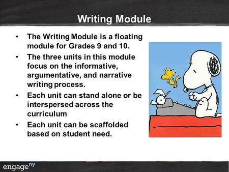 Writing Module The Writing Module is a floating module for Grades 9 and 10. The three units in this module focus on the informative, argumentative, and.