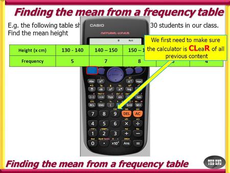 Finding the mean from a frequency table E.g. the following table shows the mean height of 30 students in our class. Find the mean height Height (x cm)