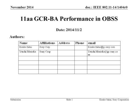 Doc.: IEEE 802.11-14/1404r0 Submission November 2014 Eisuke Sakai, Sony CorporationSlide 1 11aa GCR-BA Performance in OBSS Date: 2014/11/2 Authors: