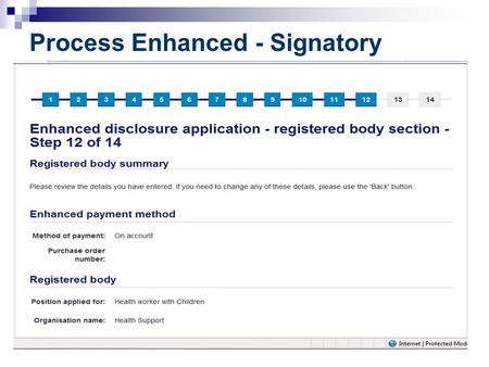 Process Enhanced - Signatory. Application is immediately forwarded to work queue in AccessNI.