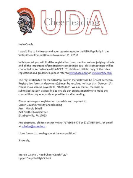 Cheerleading Hello Coach, I would like to invite you and your team/mascot to the UDA Pep Rally in the Valley Cheer Competition on November 21, 2015! In.