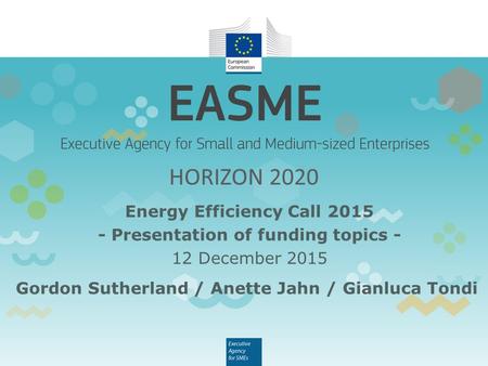 Energy Efficiency Call 2015 - Presentation of funding topics - 12 December 2015 Gordon Sutherland / Anette Jahn / Gianluca Tondi.