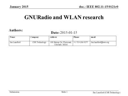 Doc.: IEEE 802.11-15/0121r0 Submission GNURadio and WLAN research Date: 2015-01-15 January 2015 Slide 1 Authors: Jim Lansford (CSR Technology)