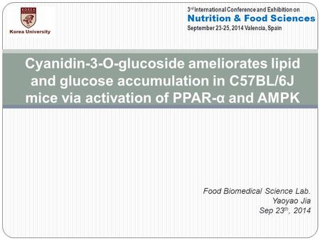 Cyanidin-3-O-glucoside ameliorates lipid and glucose accumulation in C57BL/6J mice via activation of PPAR-α and AMPK Food Biomedical Science Lab. Yaoyao.