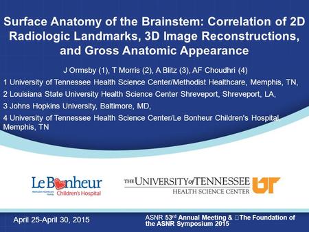 Surface Anatomy of the Brainstem: Correlation of 2D Radiologic Landmarks, 3D Image Reconstructions, and Gross Anatomic Appearance J Ormsby (1), T Morris.