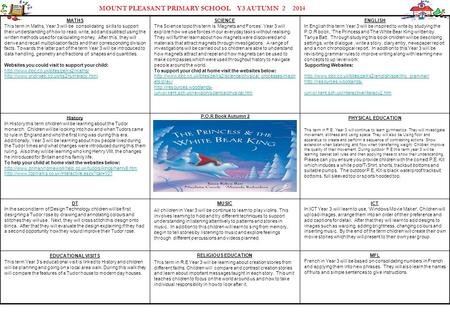 MOUNT PLEASANT PRIMARY SCHOOL Y3 AUTUMN 2 2014 MATHS This term in Maths, Year 3 will be consolidating skills to support their understanding of how to read,