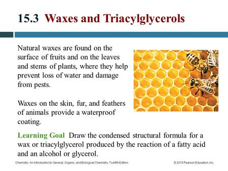 Chemistry: An Introduction to General, Organic, and Biological Chemistry, Twelfth Edition© 2015 Pearson Education, Inc. 15.3 Waxes and Triacylglycerols.
