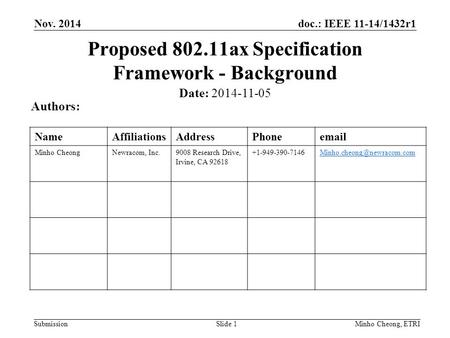 Doc.: IEEE 11-14/1432r1 Submission Nov. 2014 Minho Cheong, ETRISlide 1 Proposed 802.11ax Specification Framework - Background Date: 2014-11-05 Authors: