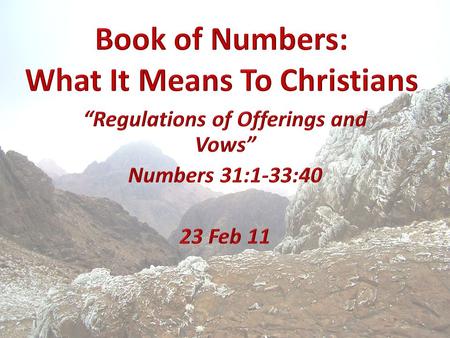 Prayer List Text Announcements Text Numbers WeekDateTopic 108 Dec10Numbers: An Introduction 215 Dec10Census and Organization: 1:1-4:49 322 Dec10Purity.