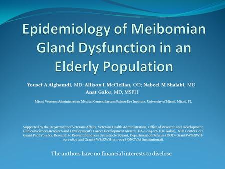Yousef A Alghamdi, MD; Allison L McClellan, OD; Nabeel M Shalabi, MD Anat Galor, MD, MSPH Supported by the Department of Veterans Affairs, Veterans Health.