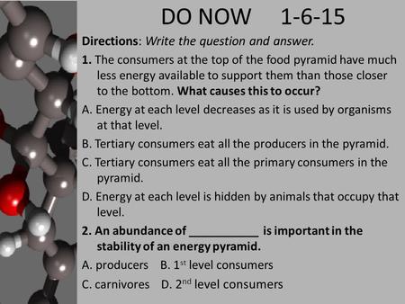 DO NOW 1-6-15 Directions: Write the question and answer. 1. The consumers at the top of the food pyramid have much less energy available to support them.