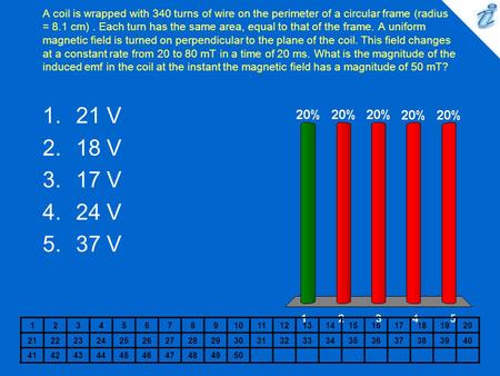 A coil is wrapped with 340 turns of wire on the perimeter of a circular frame (radius = 8.1 cm). Each turn has the same area, equal to that of the frame.