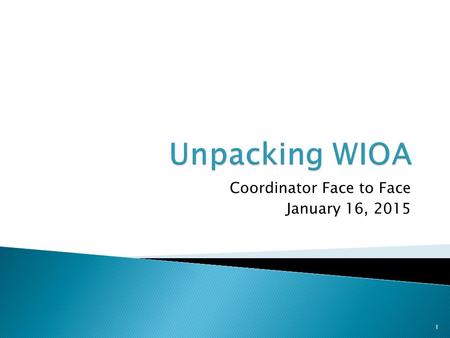 Coordinator Face to Face January 16, 2015 1. 2 Program Alignment Unified strategic planning across core programs Enhances role of State and Local Workforce.