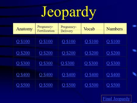 Jeopardy Anatomy Vocab Numbers Q $100 Q $100 Q $100 Q $100 Q $100