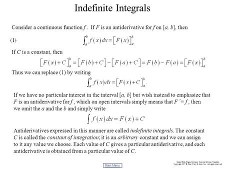 Main Menu Salas, Hille, Etgen Calculus: One and Several Variables Copyright 2007 © John Wiley & Sons, Inc. All rights reserved. Indefinite Integrals Consider.